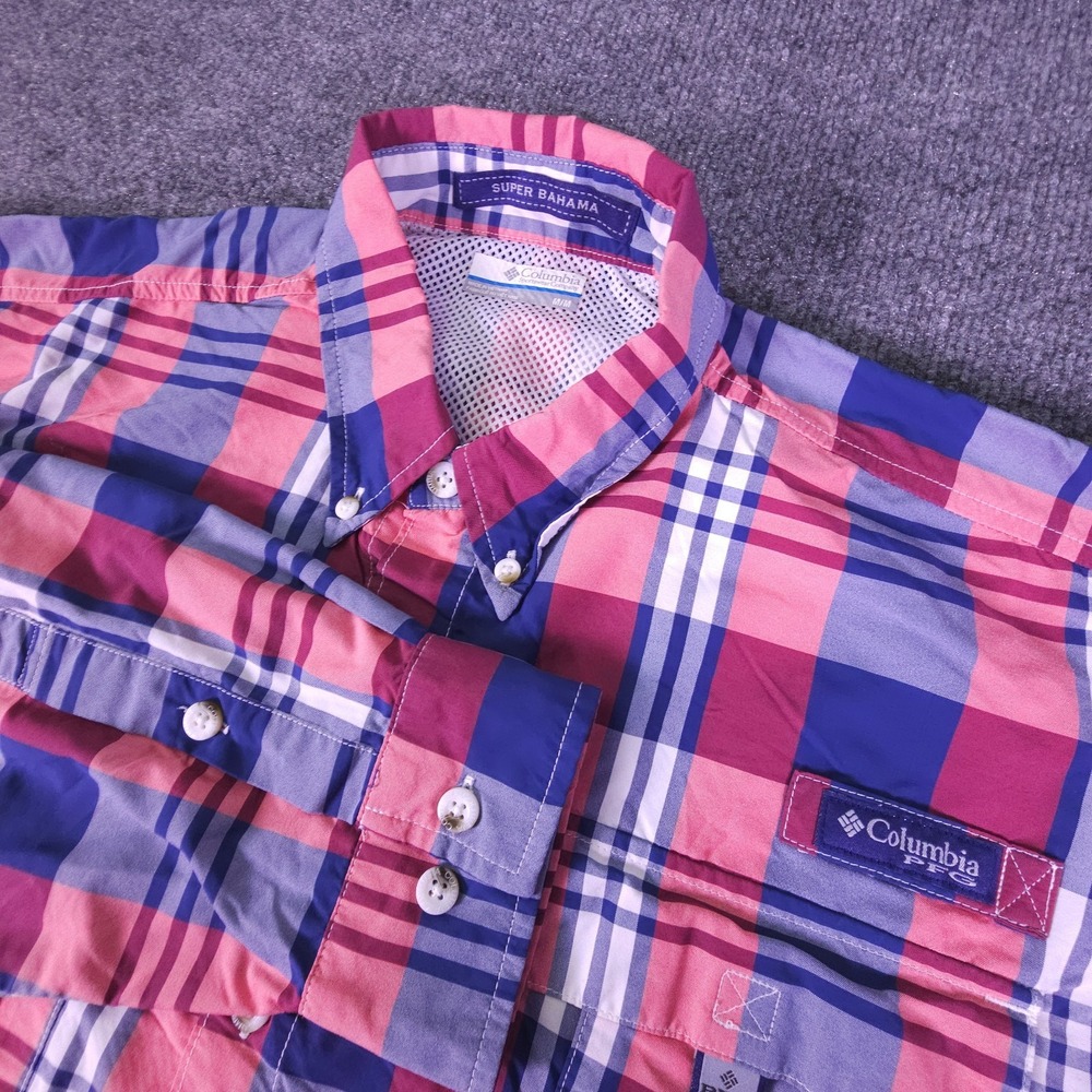 Columbia PFG Men's Button Down Red Blue Plaid Super Bahama M Fishing Long Sleeve